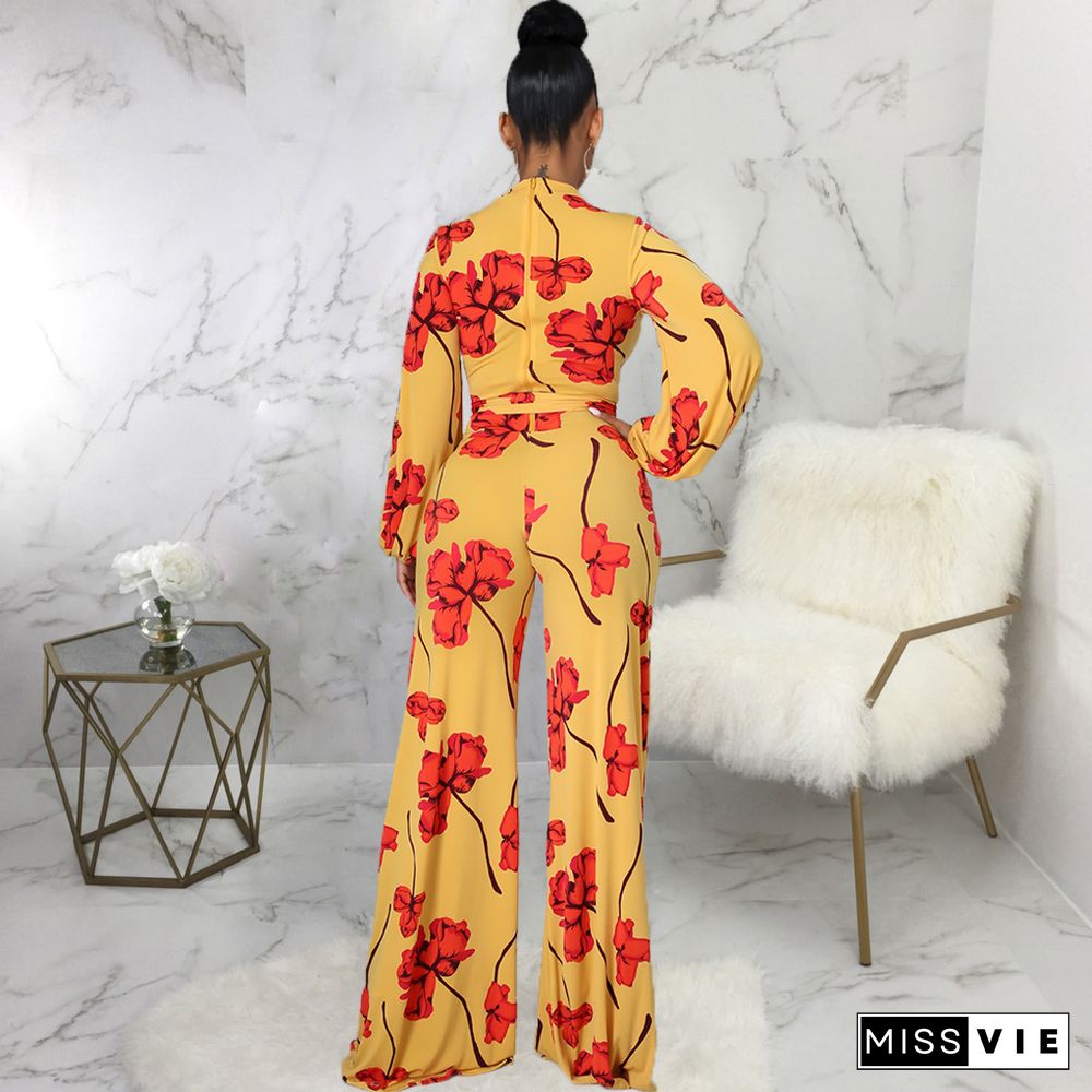 Fashion Digital Printing Spring Autumn O-Neck Long Sleeve Belted One Piece Wide Leg Jumpsuit