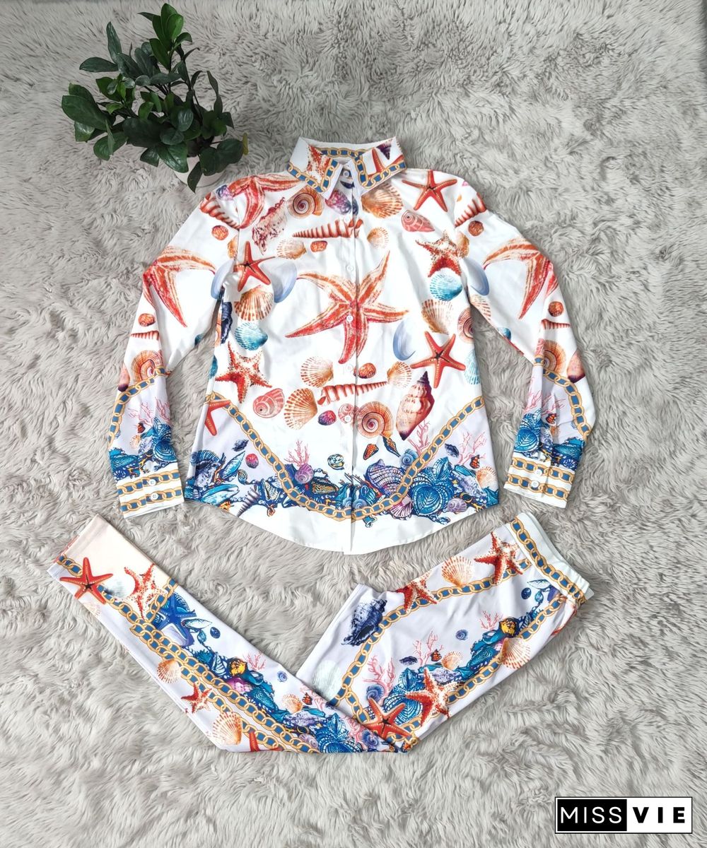 Fashion Starfish Printed Long Sleeve Turn-Down Collar Shirt Bodycon Fall Clothes Women 2 Piece Pant Sets