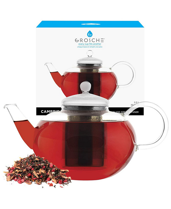 GROSCHE Cambridge Large Glass Teapot with Stainless Steel Tea Infuser 68 fl oz Capacity