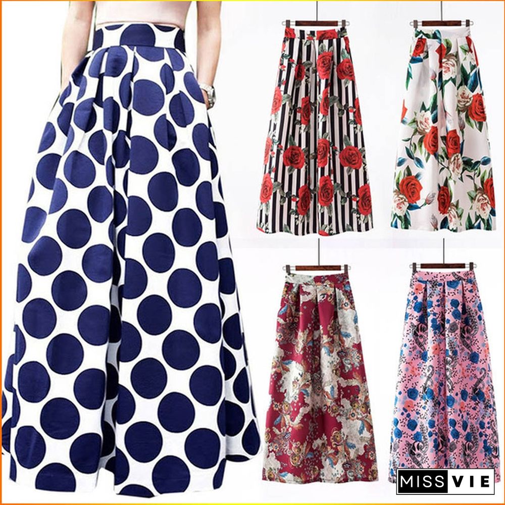 Spring Summer Long Casual High Waist Maxi Skirts Prom Gown Dot Floral Print Loose Elegant A-line Party Dress Streetwear for Women