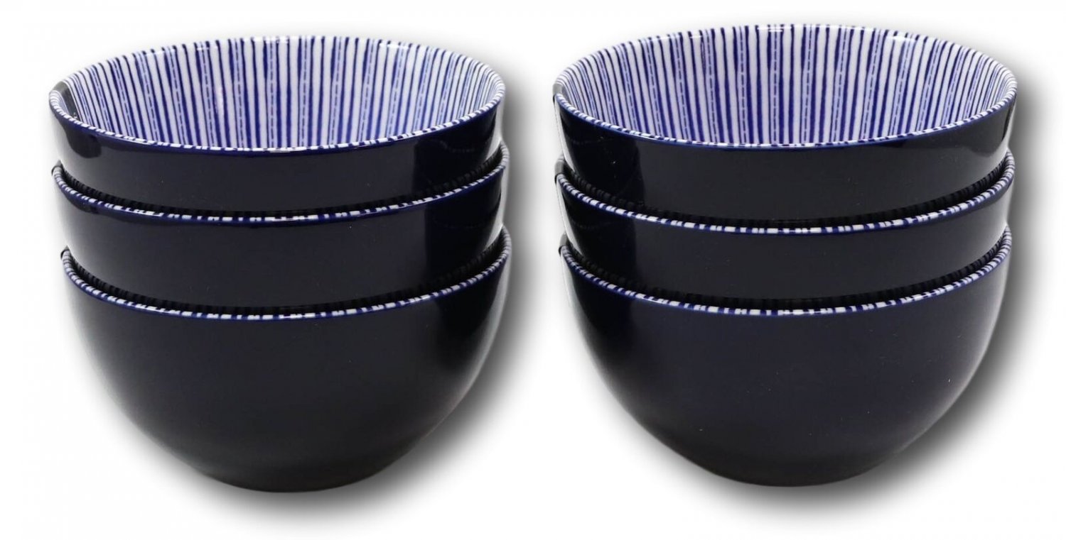 1 Pack Of 6 Artistic Blue Geometric Stripes Rice Soup Salad Ceramic Bowls 14oz EBR02