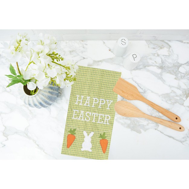 X 18 quot quot happy Easter quot Sentiment Easter Bunny With Carrots On Green Check Backgound Cotton Kitchen Dish Towel