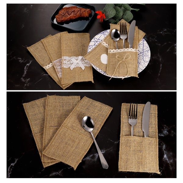 10Pcs Burlap Lace Utensil Holder Knife Fork Bag Cutlery Pouch for Wedding Decor - Light Brown