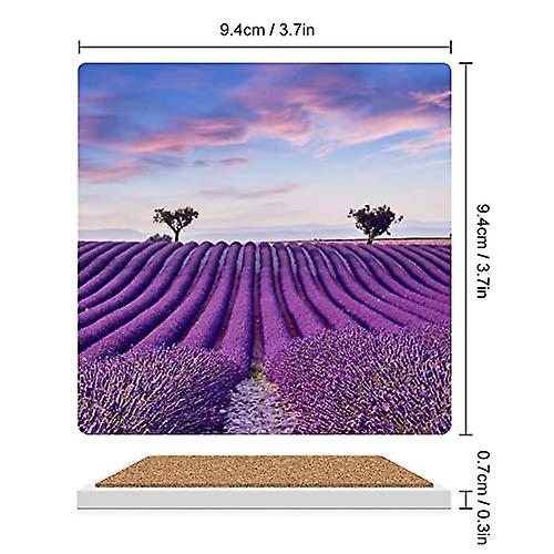 Colourlife Square Drink Coasters 1 Pcs Lavender Field Sunset Landscape Absorbent Ceramic Coffee Coasters For Drinks With Cork Base Housewarming Gift F