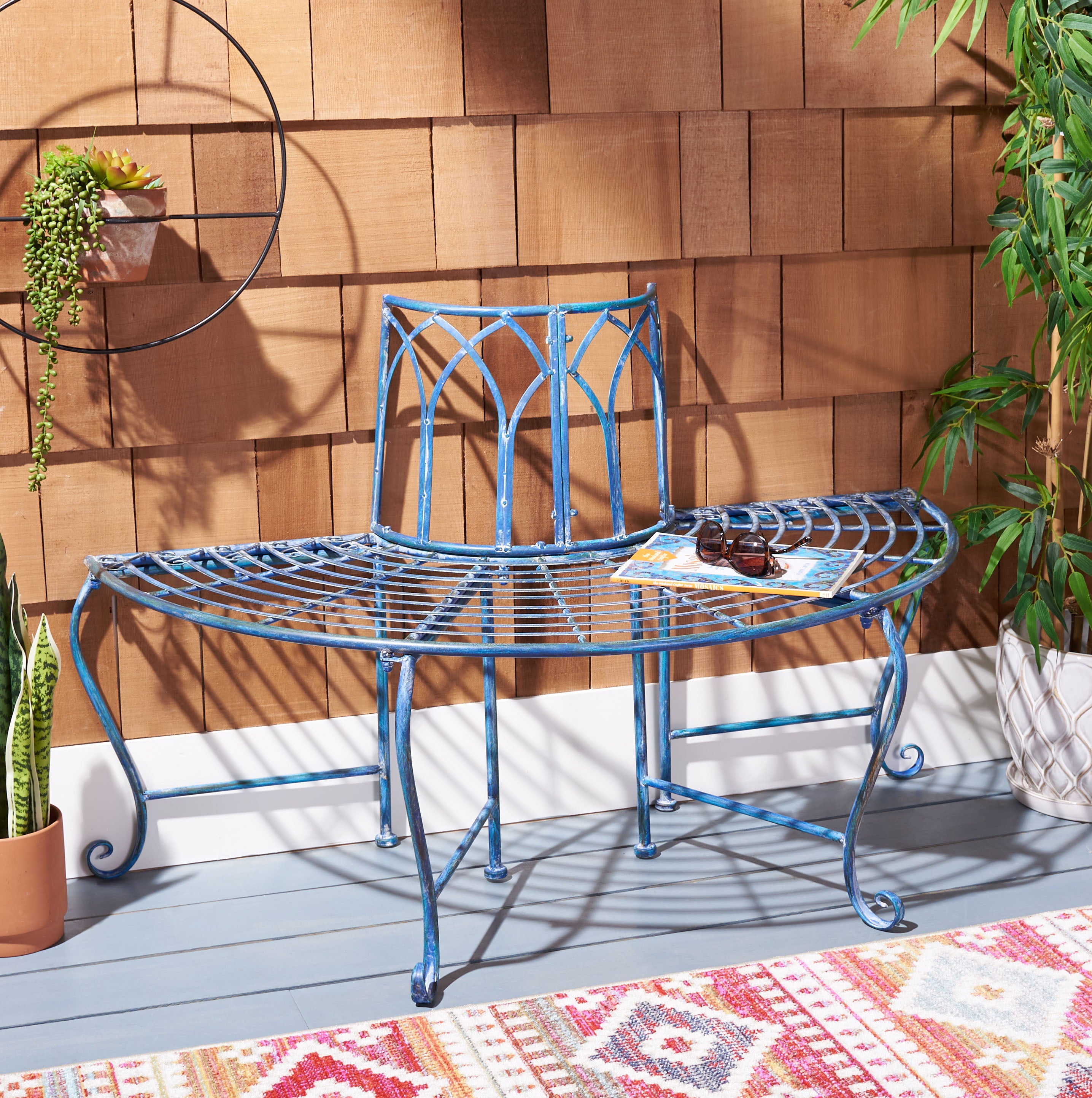 Safavieh Abia Outdoor Wrought Iron Semi Tree Bench - Antique Blue