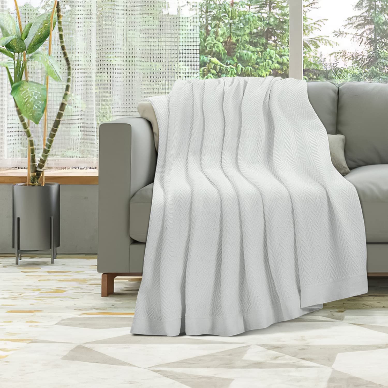 Eurotex 100% Cotton Blanket Queen 90 x 90 inches， Summer Lightweight Soft Breathable Blanket， White