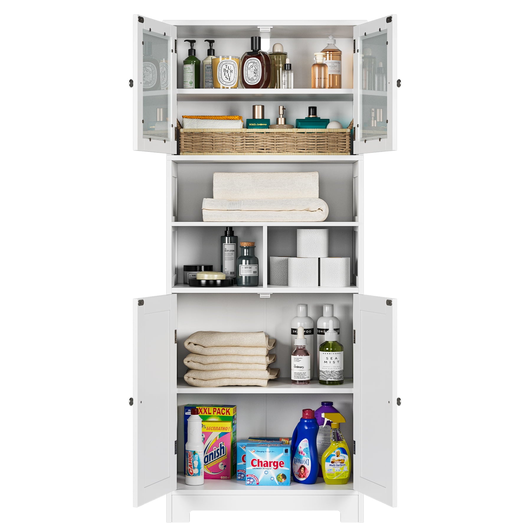 Homfa White Linen Cabinet, 58'' Tall Bathroom Cabinet with Doors and Shelves, Pantry Storage Cabinet with Hutch for Kitchen