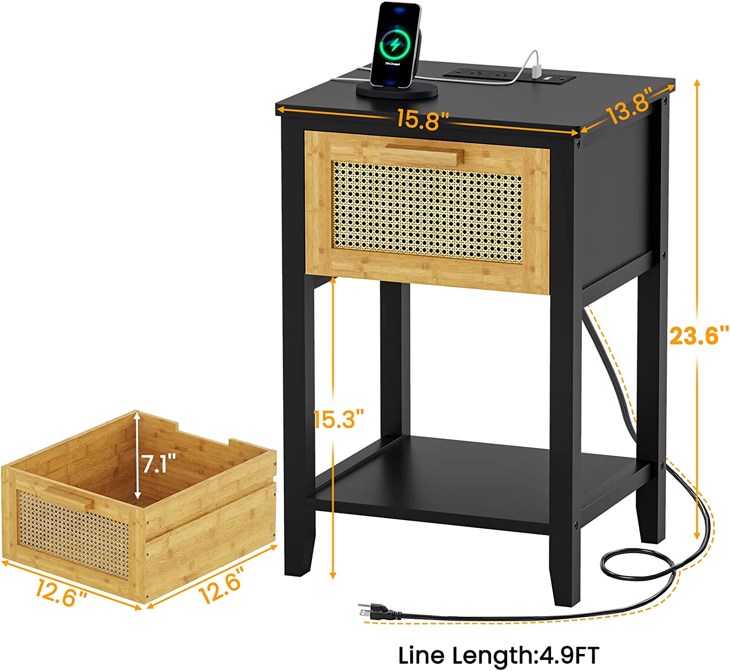 Rattan Nightstand Set of 2 with Charging Station, BedSide Table, Black Finish