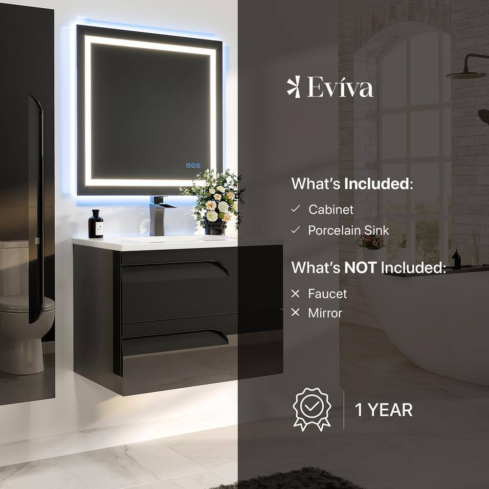 Eviva Joyous  32 in. W x 18 in. D x 22.5 in. H Floating Bath Vanity in Black with White Porcelain Top EVVN23-32BLK-WMN