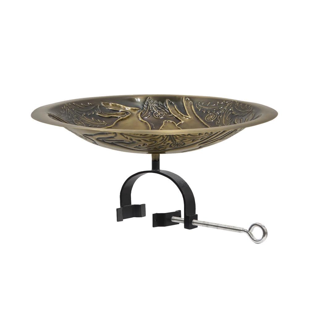 ACHLA DESIGNS 18 in. Dia. Round Antique Finished Brass Three Hares Birdbath with Black Wrought Iron Over Rail Bracket BB-18-OR2