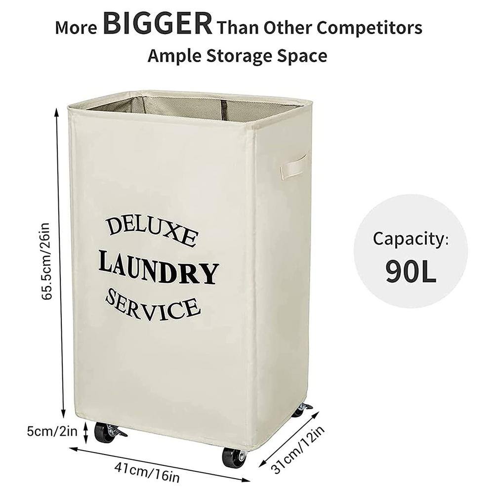 90L Fabric Laundry Basket Hamper with Beige Wheels hamper-148