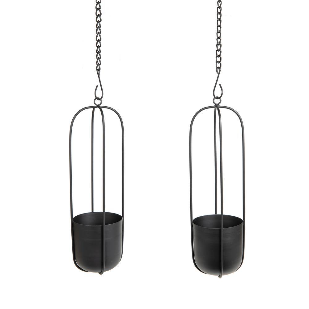 DANYA B Walter 2-Piece Modern Black Metal Oval Hanging Planter Set with Chain Hanging Option SE24396