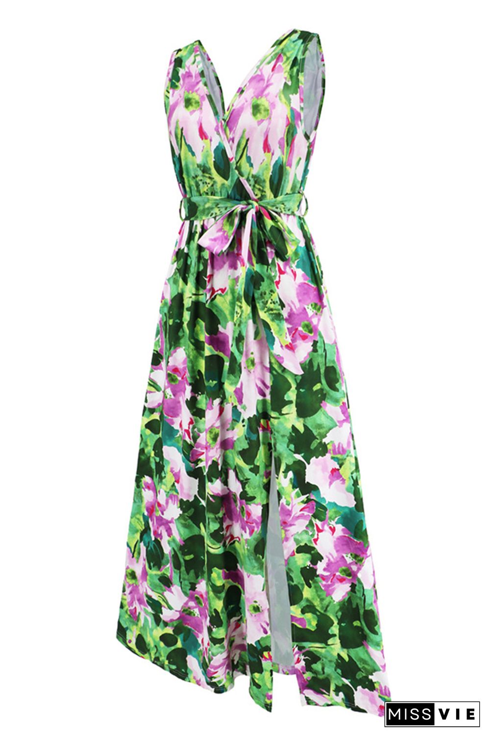 Wrap V Neck High Split Sleeveless Floral Maxi Dress