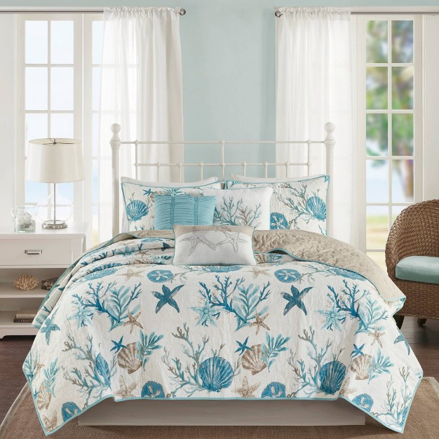 Madison Park 6pc Ocean View Cotton Sateen Reversible Coverlet Set Aqua