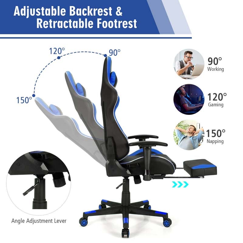 LED Massage Gaming Chair, Height Adjustable Racing Computer Office Chair with Footrest, Ergonomic High Back PU Swivel Game Chair