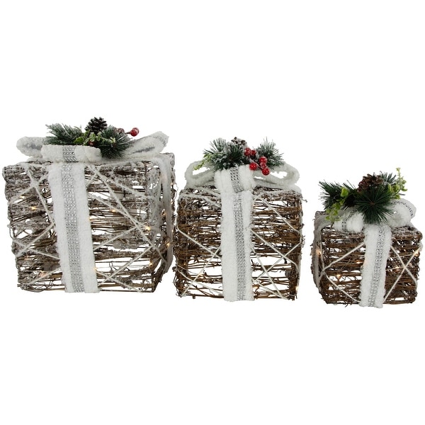 Set of 3 LED Gift Boxes With Pine Berries Christmas Decorations 9.75