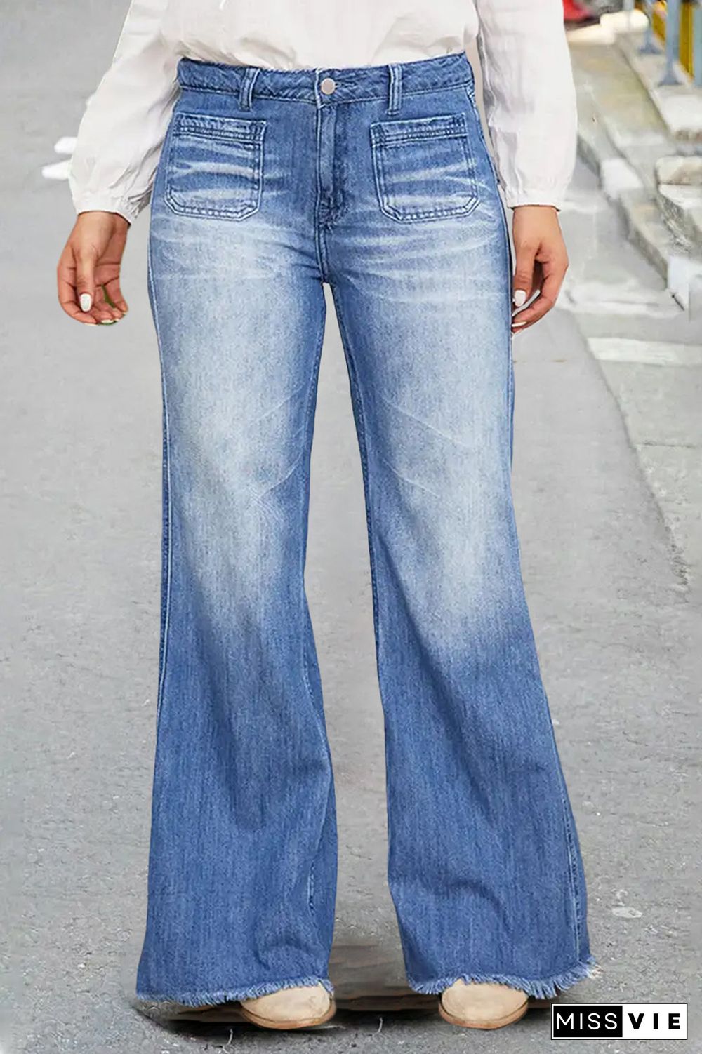 Patch Pocket Raw Hem Mid Rise Wide Leg Jeans