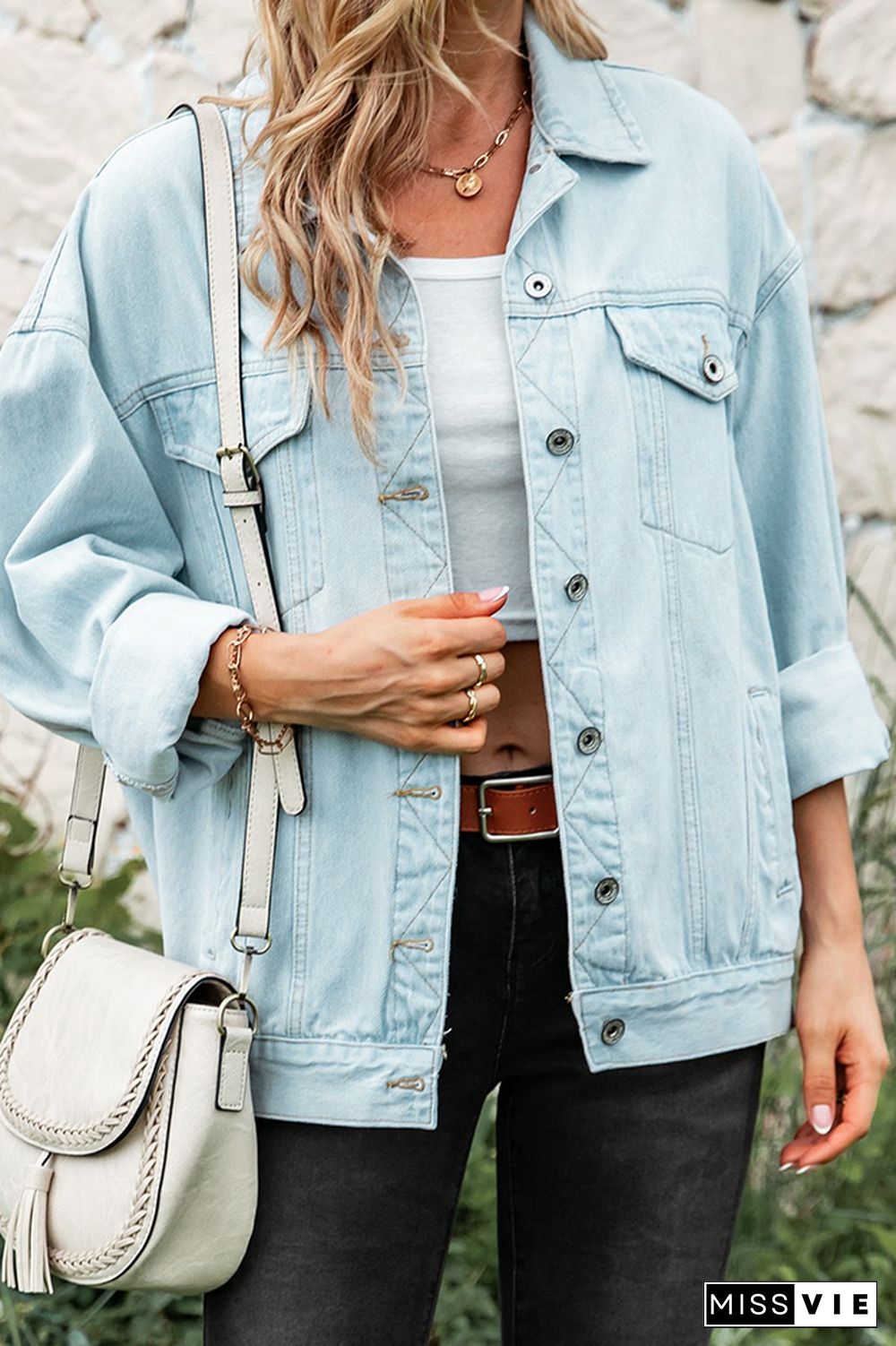 Lapel Button Pocket Denim Jacket