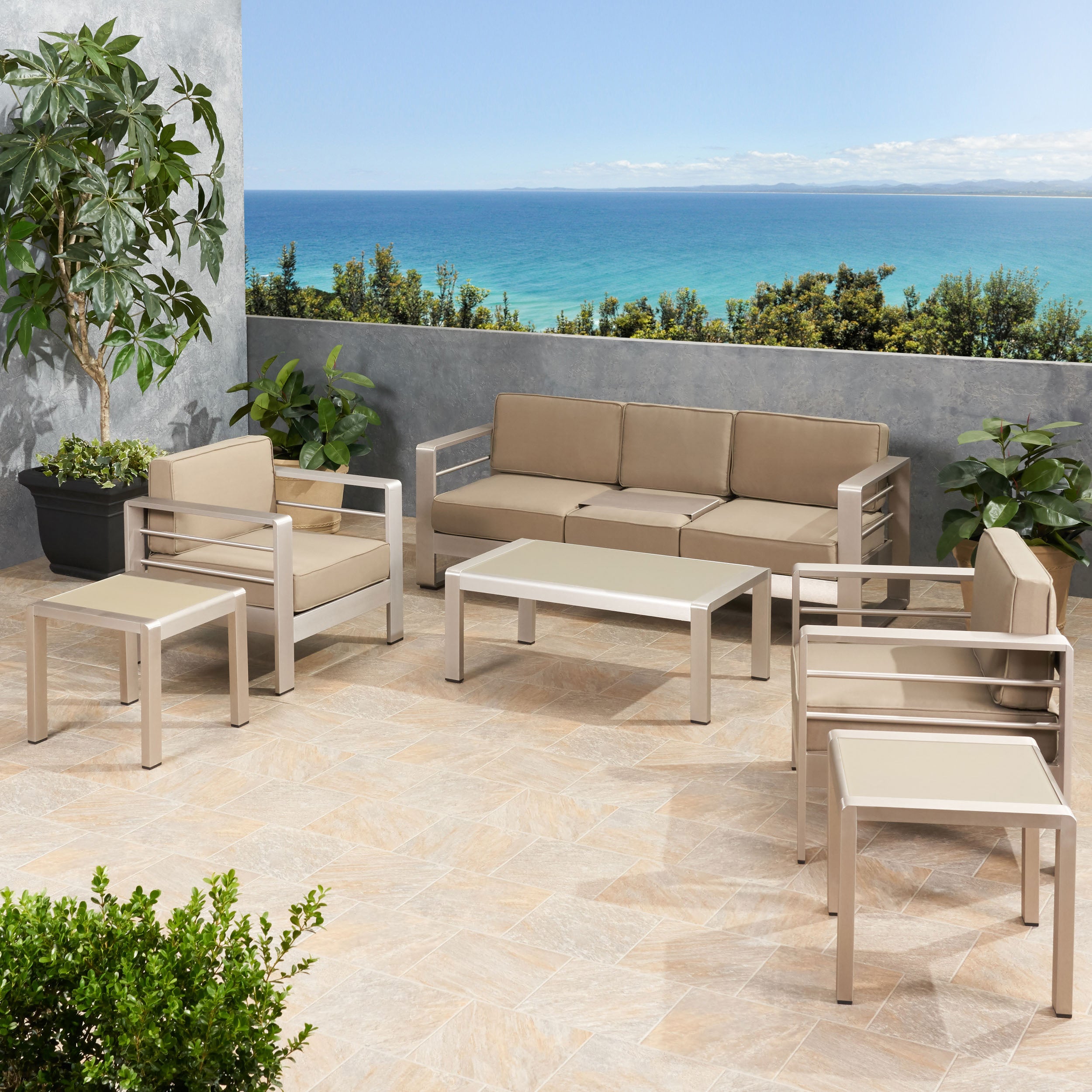 Cherie Outdoor 5 Seater Aluminum Sofa Chat Set with 2 Side Tables