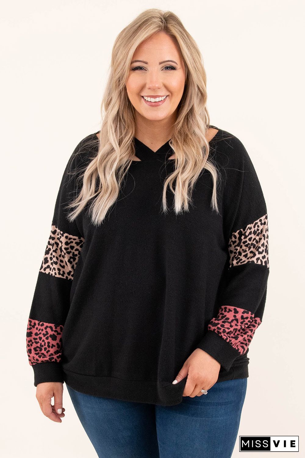 Black Plus Size Leopard Patchwork Strappy Neck Top