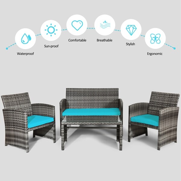 Gymax 4PCS Patio Outdoor Rattan Conversation Furniture Set w/