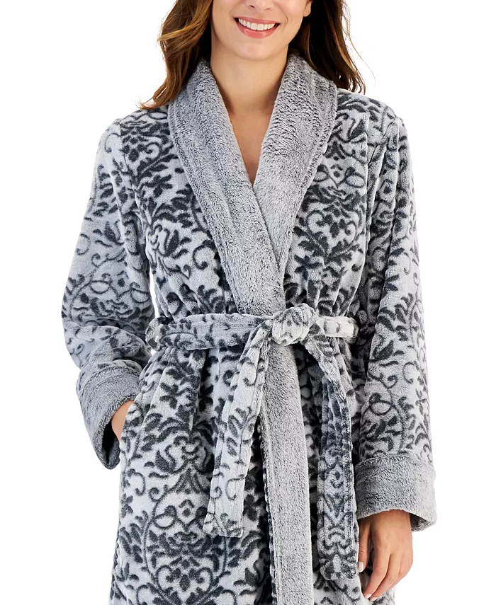 Charter Club Women's Plush Long Floral Scroll Wrap Robe