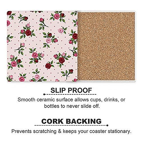 Colourlife Red And Pink Roses Printed Square Ceramic Coaster For Drinks With Cork Base For Coffee Cups Place Mats For Home Decor Set Of 4 Pieces