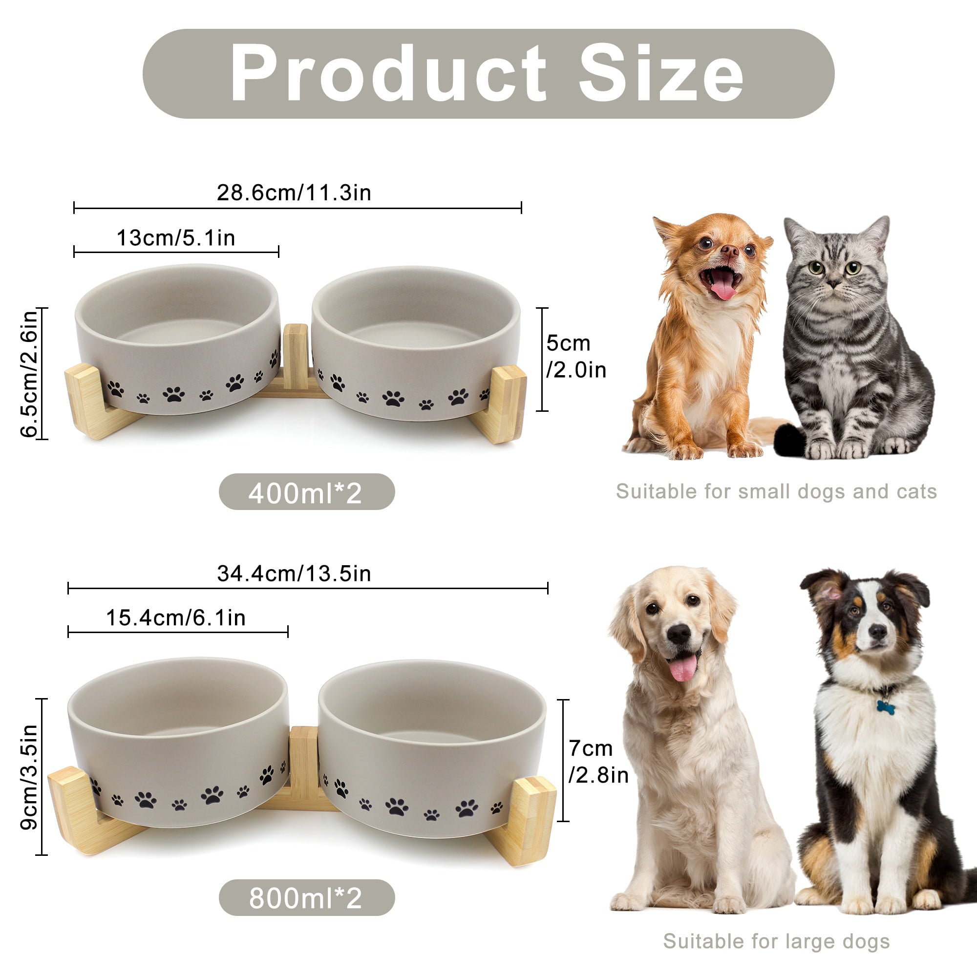 Ptlom Ceramic Cat and Dog Feeding Bowl, Pet Food and Water Bowls Set with Stand