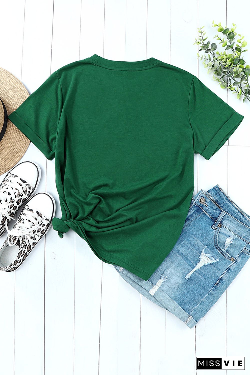 Green Solid Color Crew Neck Tee