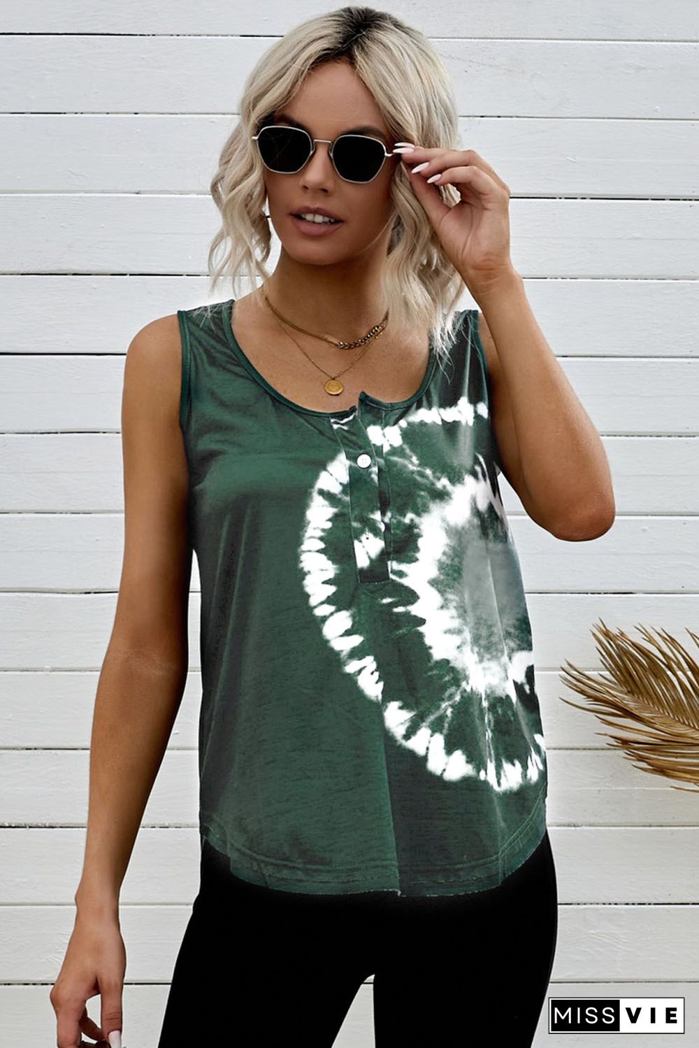 Dark Green Tie-dye Print Tank Top