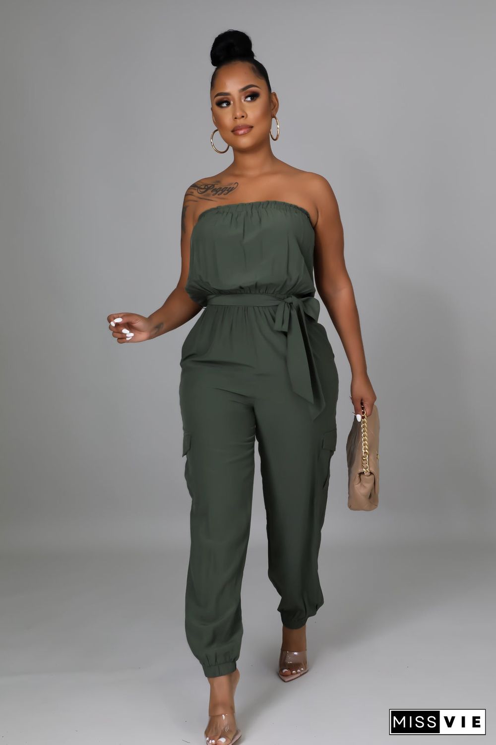 Strapless Lace Up Belts Pockets Overalls Jumpsuits