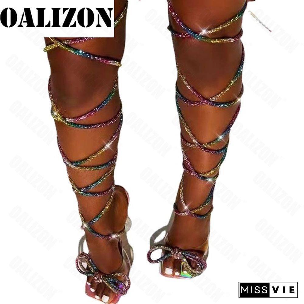 Summer New Strappy Thigh High Sandals Sexy Over The Knee High Heels Women Shoes Fashion Crystal Bow Party Pumps Lady Slides