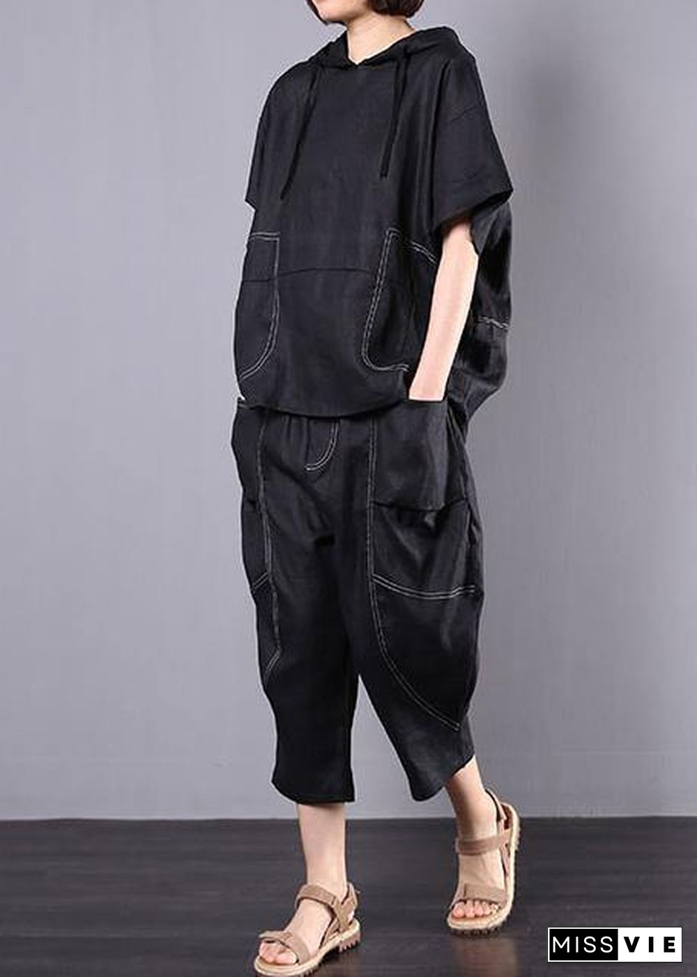 summer black casual linen two pieces hooded blouse with casual harem pants