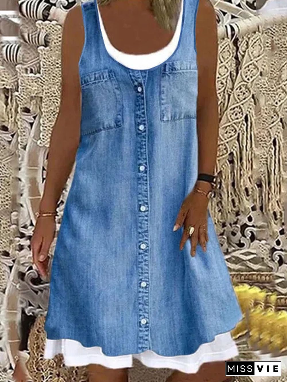 Women Denim Sleeveless Casual Mini Dresses(Contains lining)