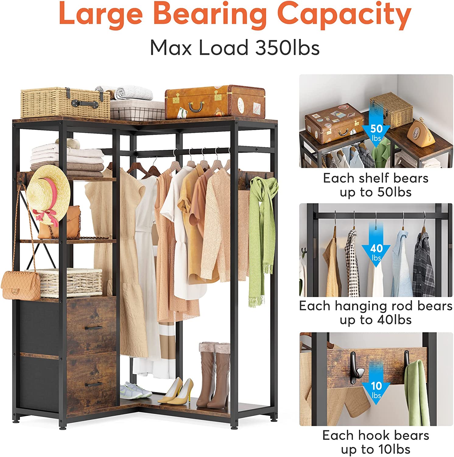 L Shaped Garment Rack with Shelves and 2 Fabric Drawers