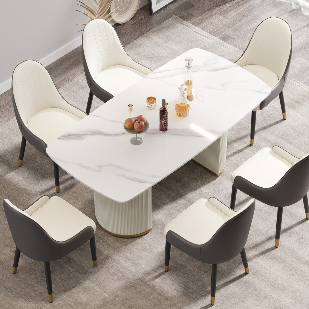 71 '' Modern Dining Table for 8  Rectangular Curved Marbel Tabletop + Beige Double Pedestal   N/A