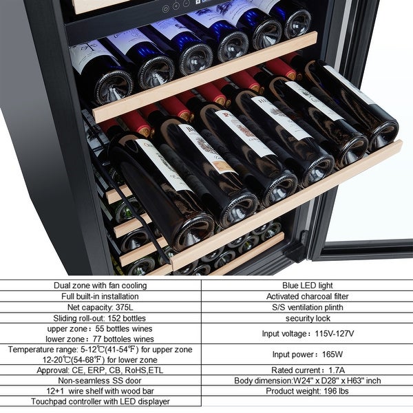 Wine Cooler Refrigerator 152 Bottle Large Wine Fridge， Digital Control