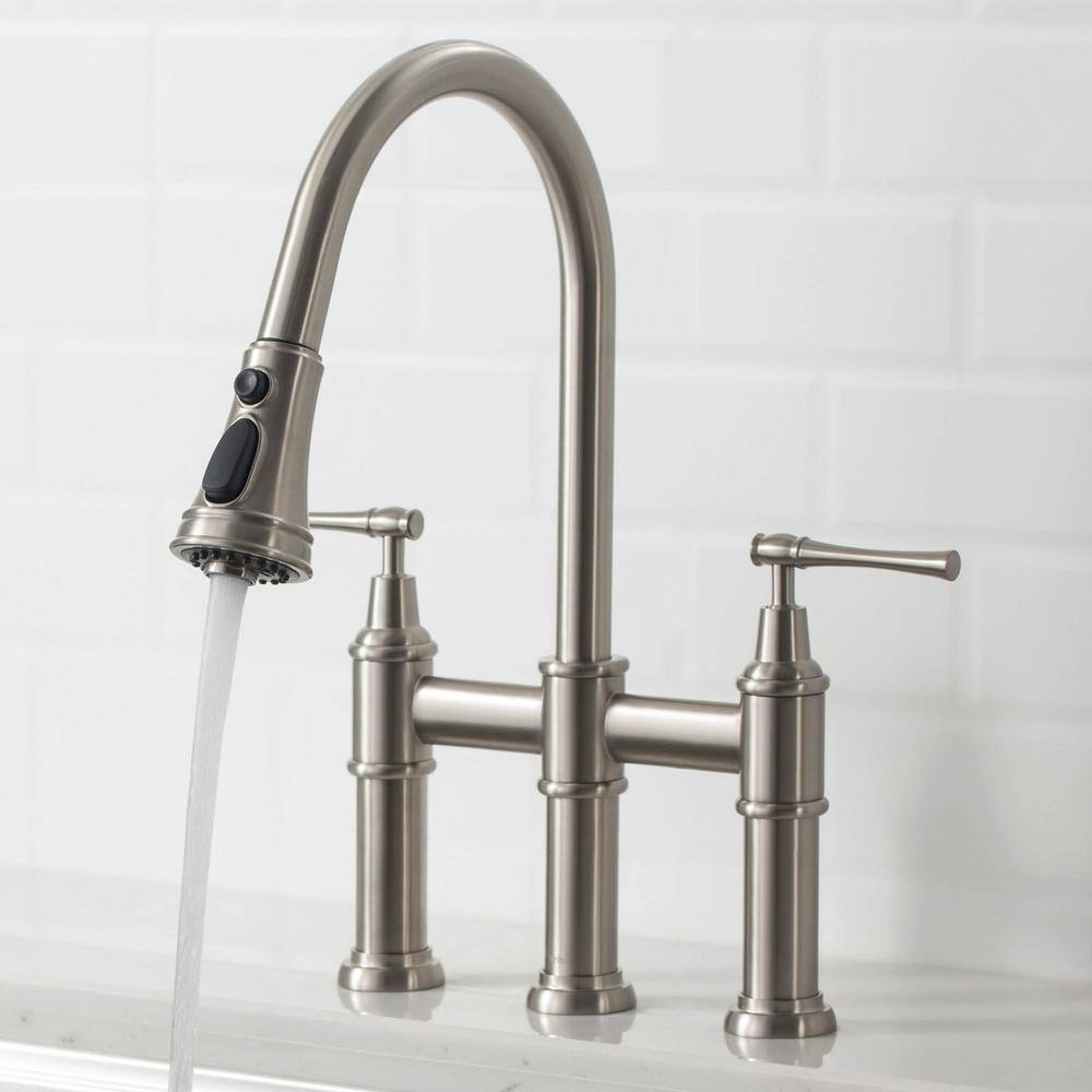 KRAUS Allyn Double Handle Transitional Bridge Kitchen Faucet with Pull-Down Sprayhead in Spot Free Stainless Steel KPF-3121SFS