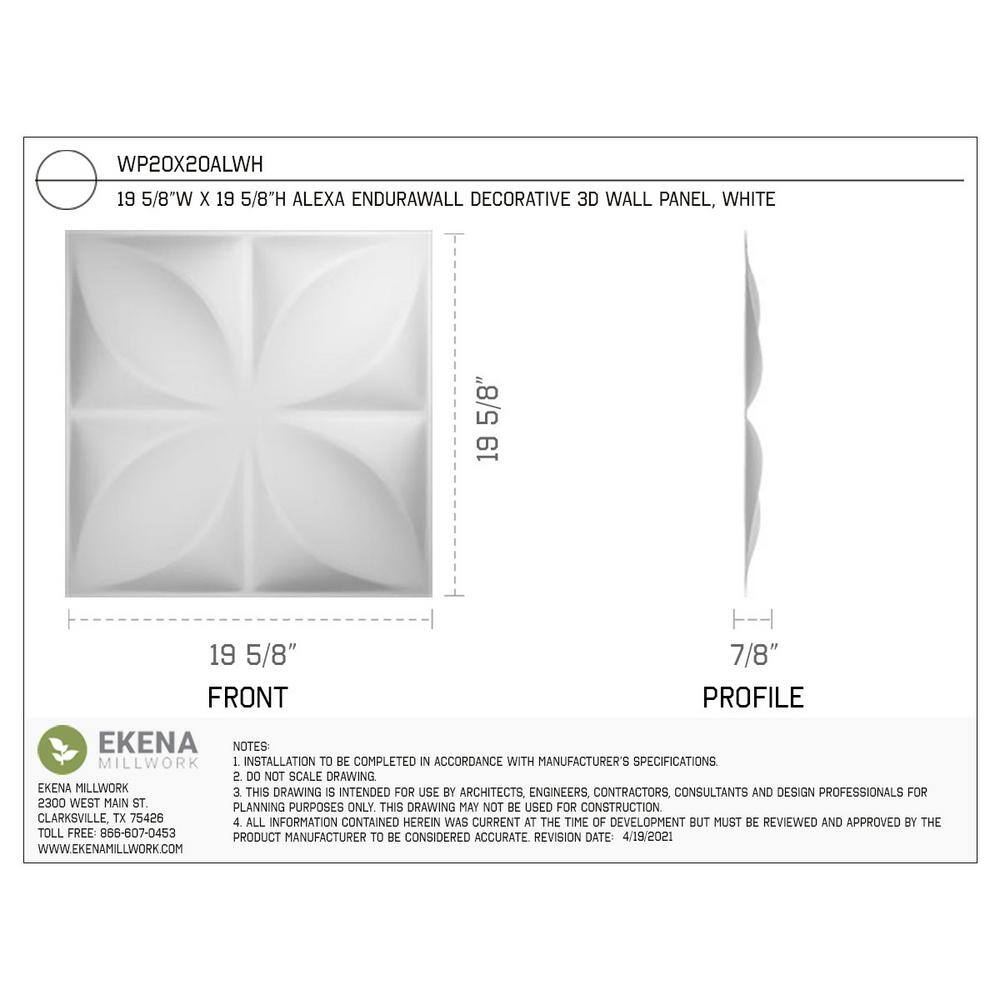 Ekena Millwork 19 58W x 19 58H Alexa EnduraWall Decorative 3D Wall Panel Covers 133.73 Sq. Ft. (50-Pack for 133.73 Sq. Ft.) WP20X20ALWH-CASE-50