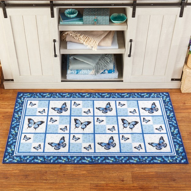 Collections Etc Blue Butterfly Floral Patchwork Accent Rug