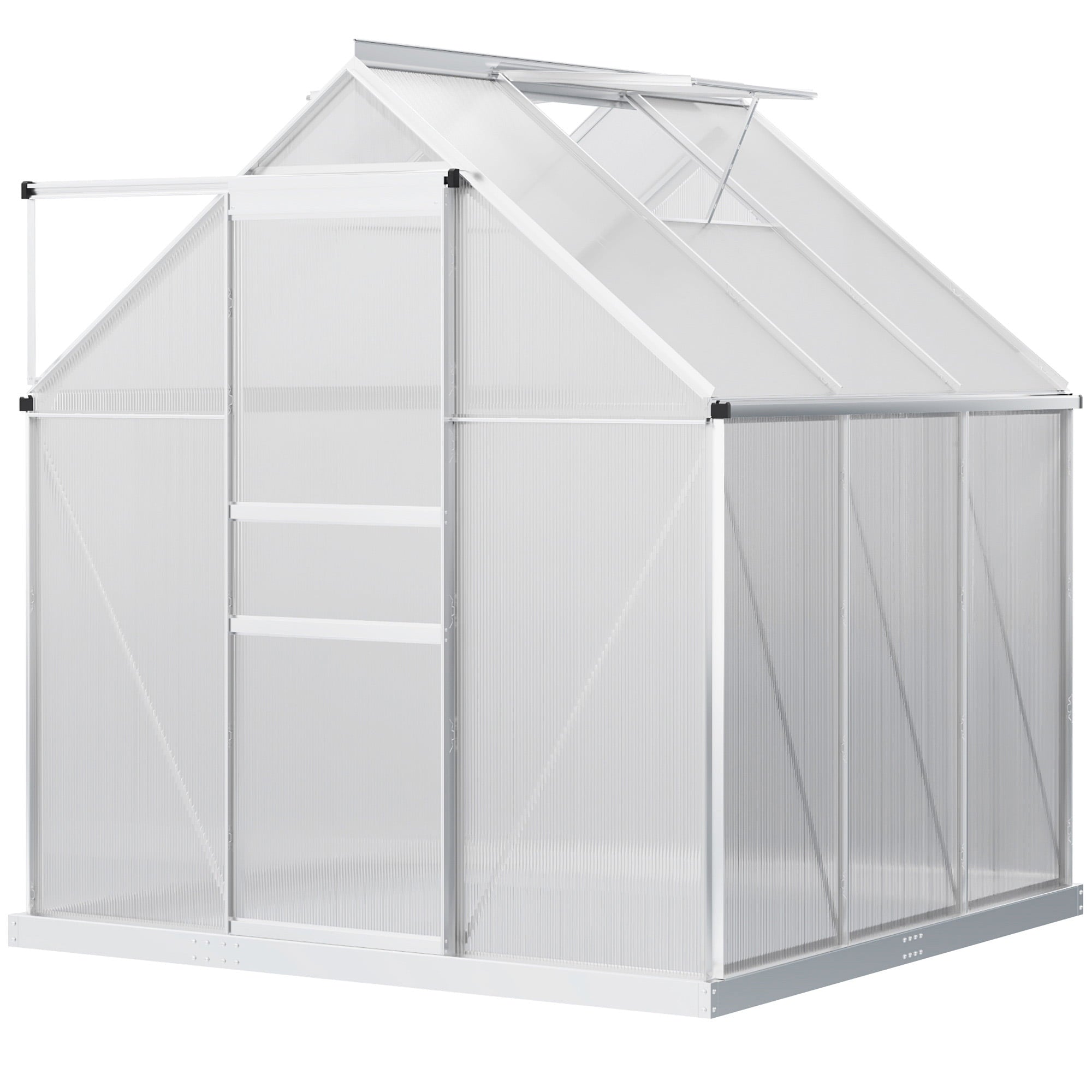 Outsunny 6' x 6' Aluminum Greenhouse, Polycarbonate Walk-in Garden Greenhouse Kit with Adjustable Roof Vent, Rain Gutter and Sliding Door for Winter, Silver