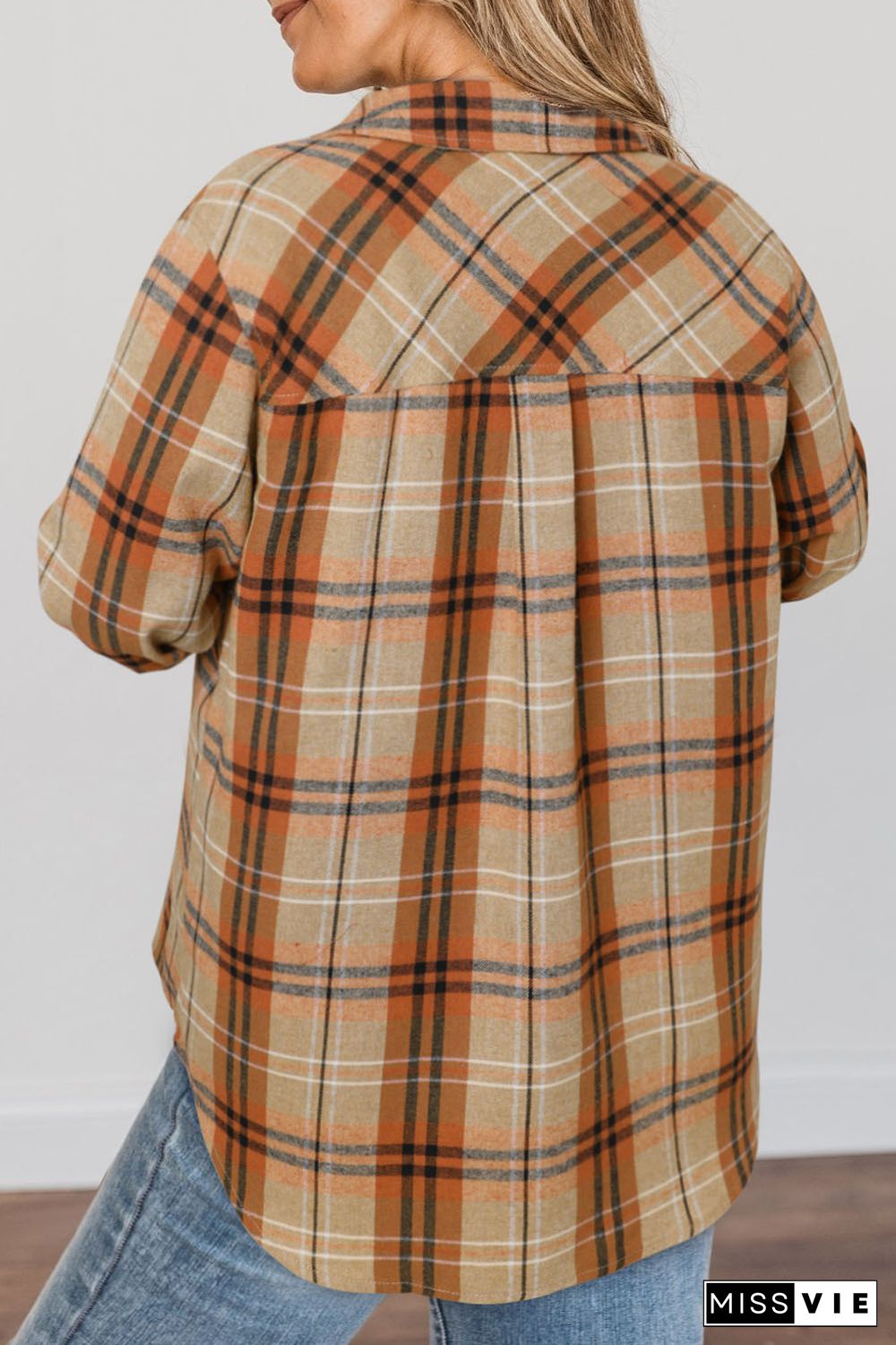 Orange Plus Size Buttons Plaid Pattern Shirt