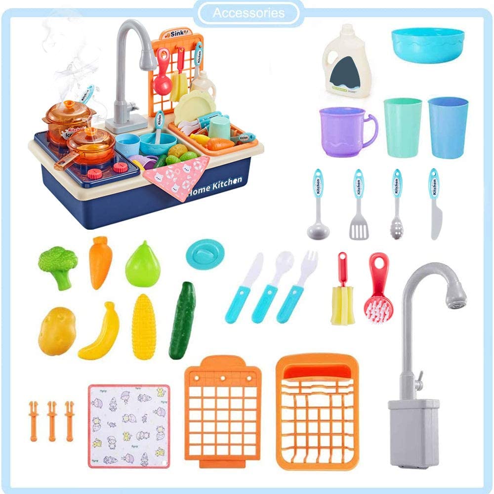 Kitchen Sink Toys Water Playset Cooking Stove Play with Running Water House Wash Up Kitchen Sets with Play Dishes Accessories for Toddlers