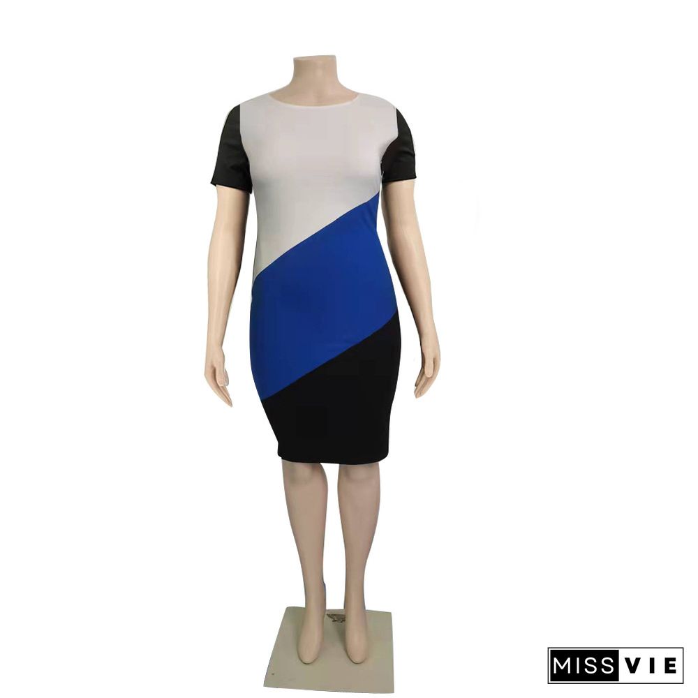 Color Block Short Sleeve Plus Size Pencil Dresses