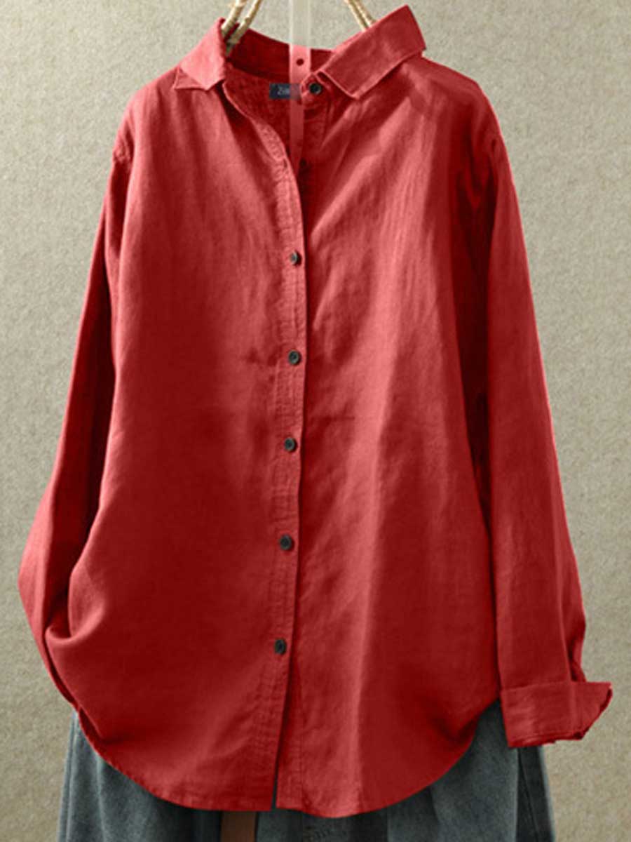 Lapel Casual Cotton And Linen Solid Color Loose Long-sleeved Blouse