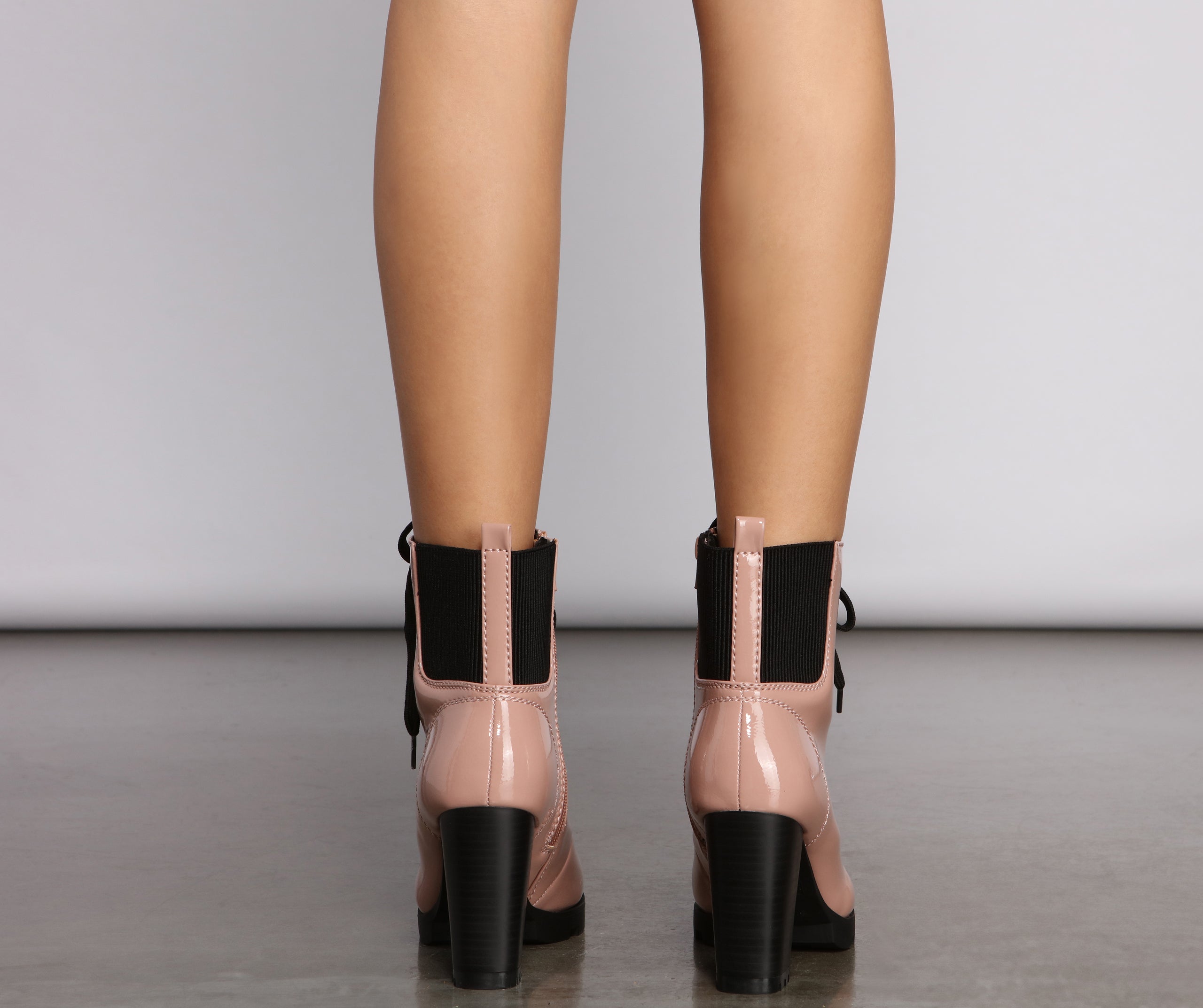 Edgy-Chic Patent Faux Leather Block Heel Booties