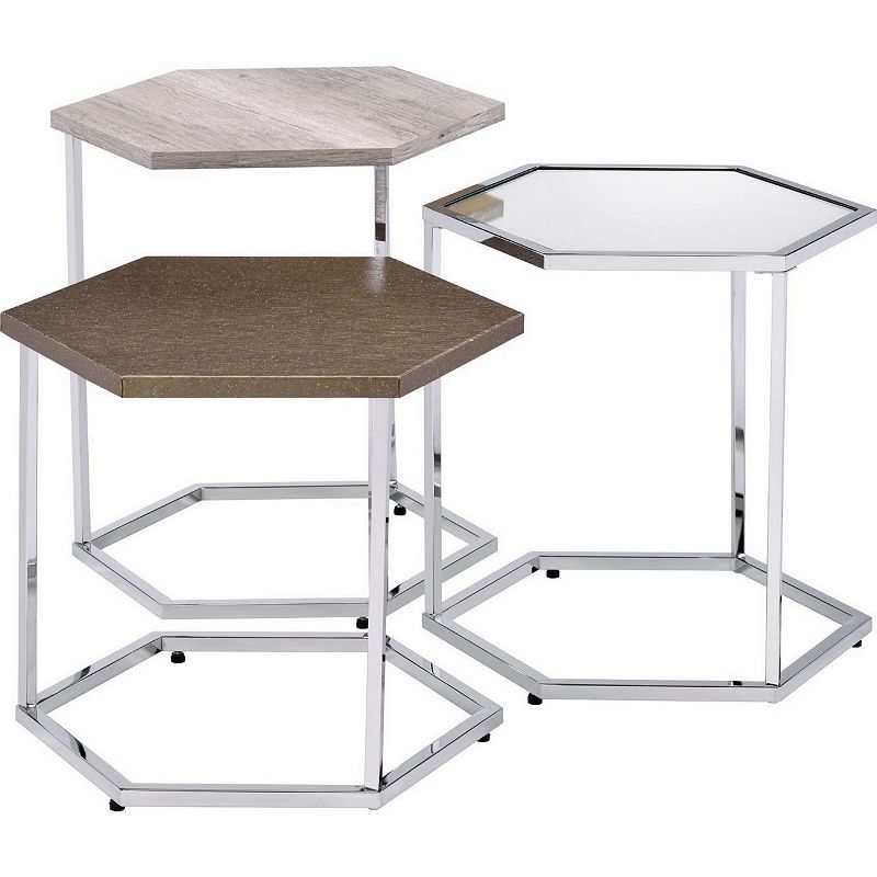 3 Piece Nesting Table with Hexagonal Shaped Metal Frame， Chrome