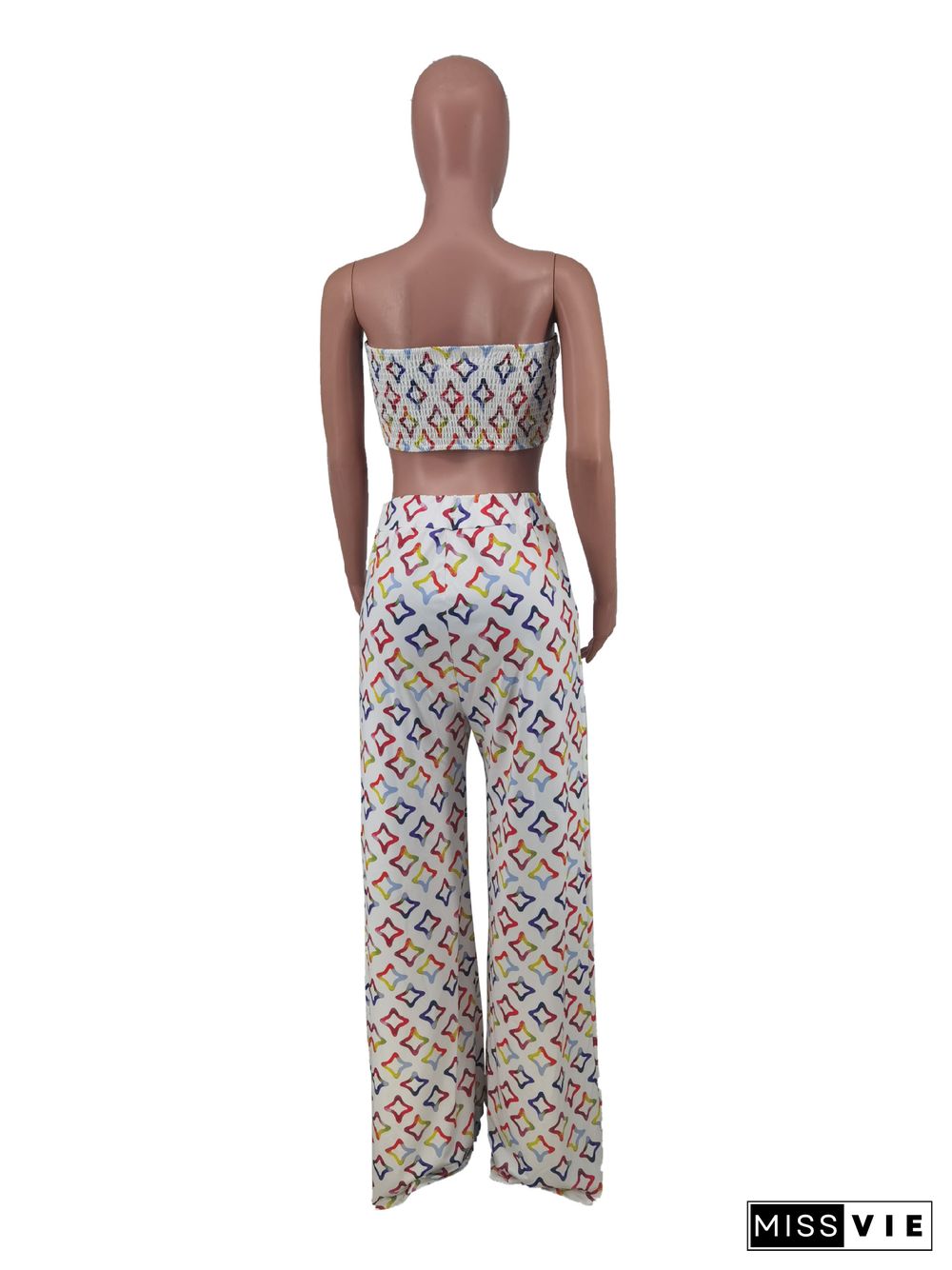 Summer Women Print Sleeveless Strapless Bandage Crop Tops Wide Leg Pants Streetwear 2 Piece Sets