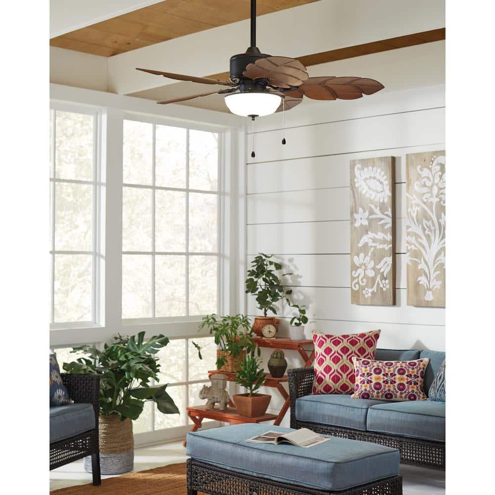 Home Decorators Collection Palm Cove 52 in IndoorOutdoor LED Natural Iron Ceiling Fan with Light Kit Downrod and Reversible Motor