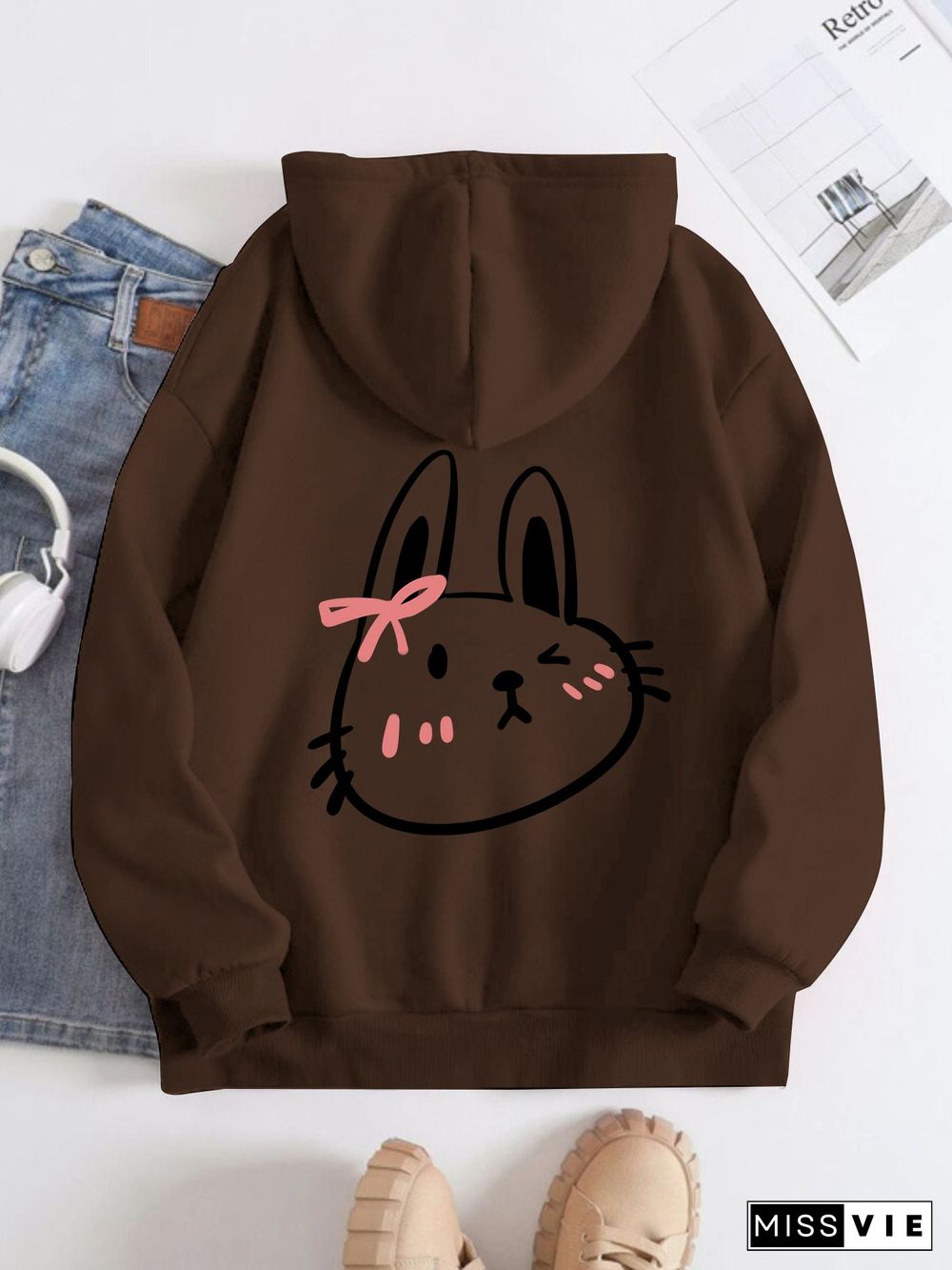 Printed on the Back Kangaroo Pocket Hoodie Long Sleeve for Women Pattern Rabbit Face